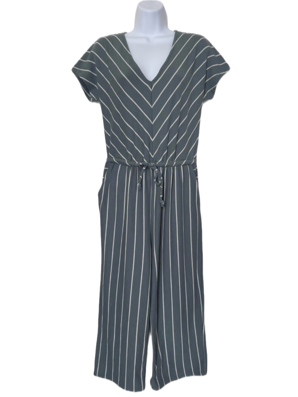 Sonoma Women Green Striped V-Neck Wide-Leg Jumpsuit, Elastic Waistband Size PS